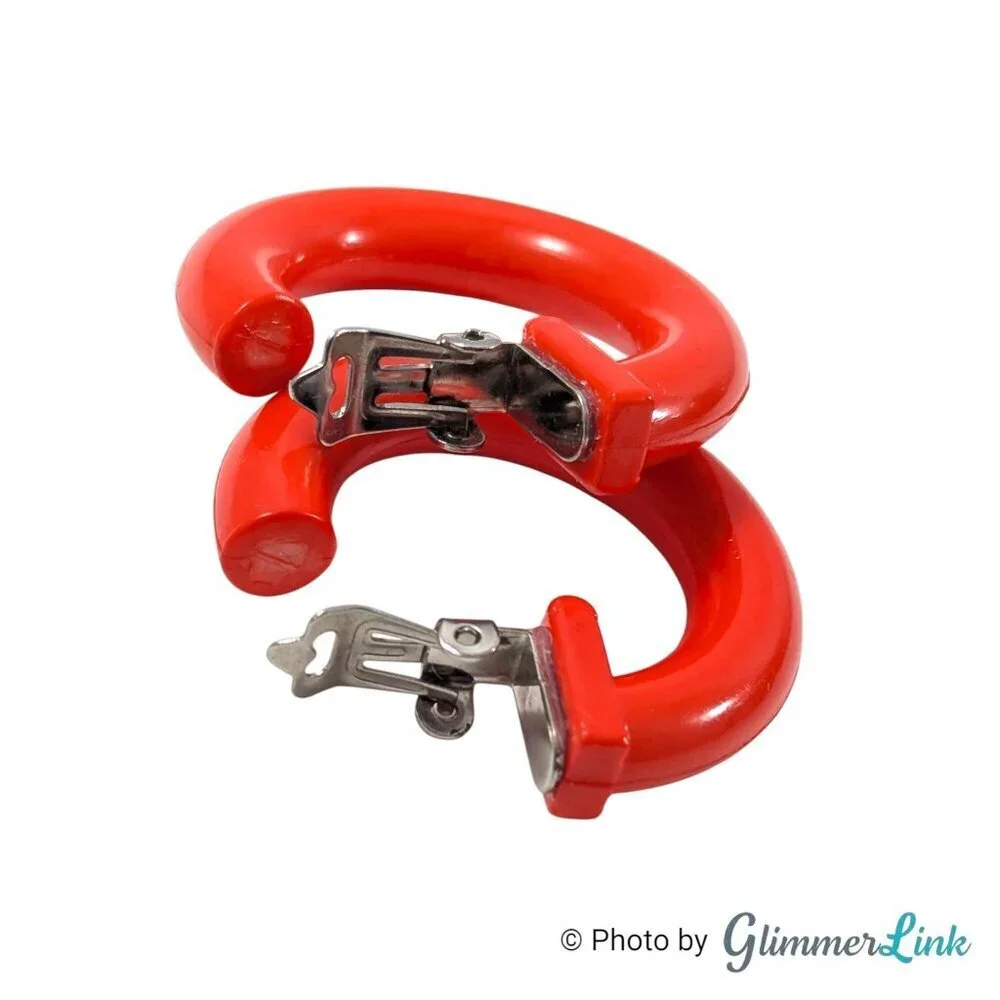 Vintage Orange Red Plastic Hoop Clip On Earrings